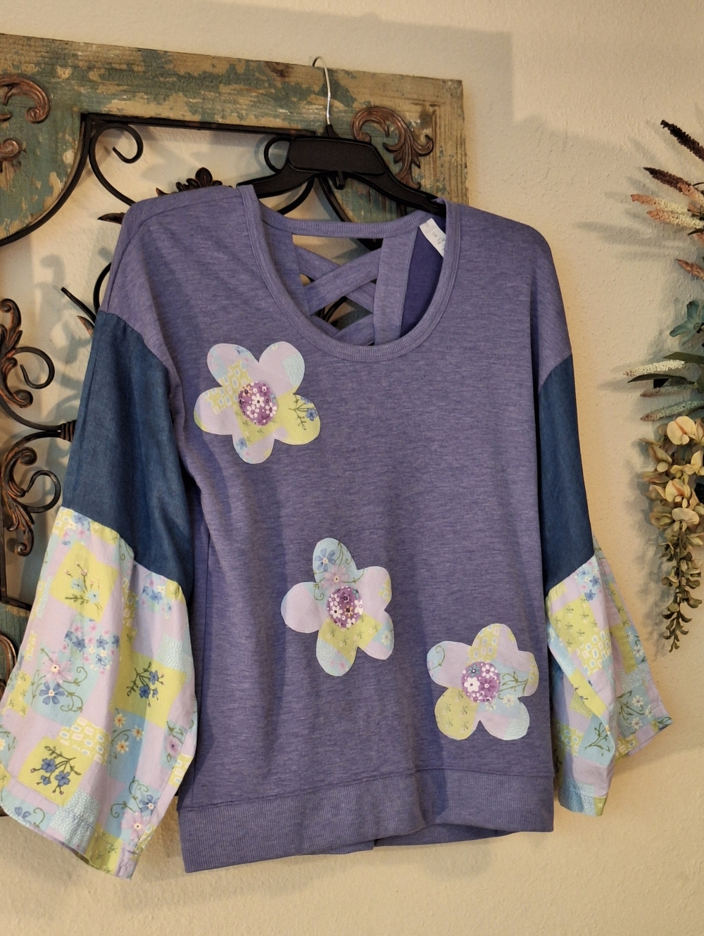 Purple Floral Reworked Patchwork Crisscross Long Sleeve Top. Size Medium